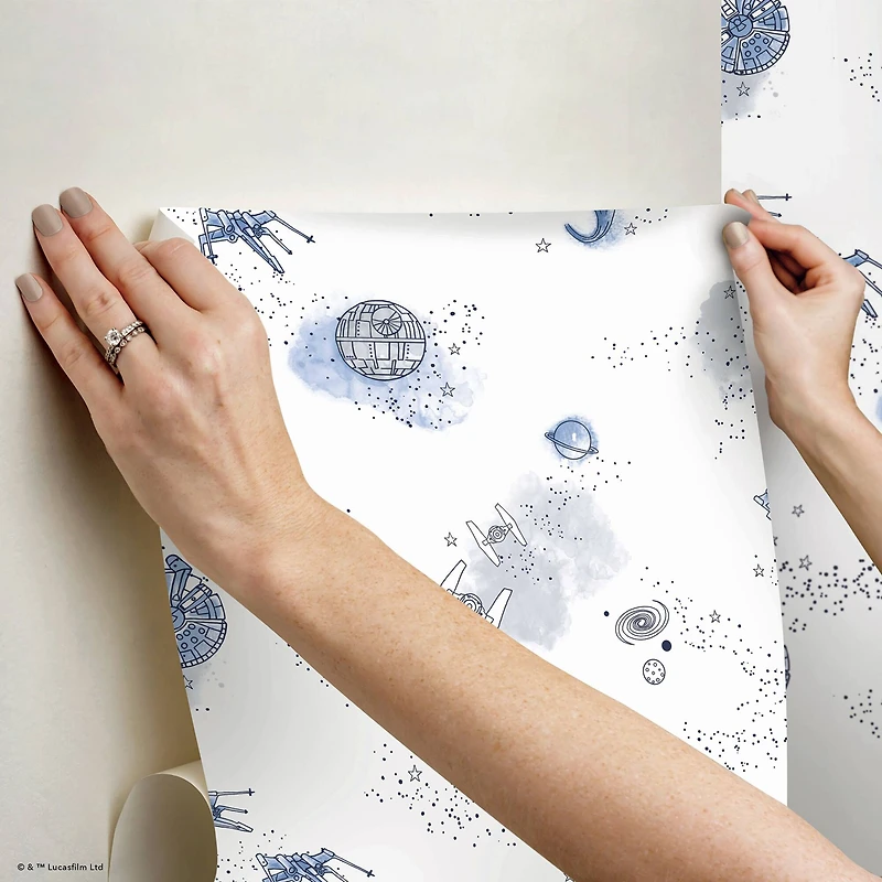 RoomMates STAR WARS Good Night Galaxy Blue and white STAR WARS™ Peel and Stick Wallpaper 20.5" x 18-ft roll covers about 30.8 sq. ft