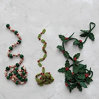 Hello Honey® 6ft. Green & Red Handmade Wool Felt Gold Embroidered Holly Leaves & Berries Wired Garland