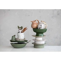 Hello Honey® 12" White & Black Round Debossed Stoneware Pedestal with Flowers & Reactive Glaze