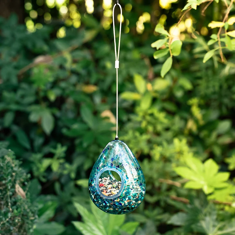 Glitzhome® 6.75" Blue Dots Glass Water Drop Hanging Bird Feeder