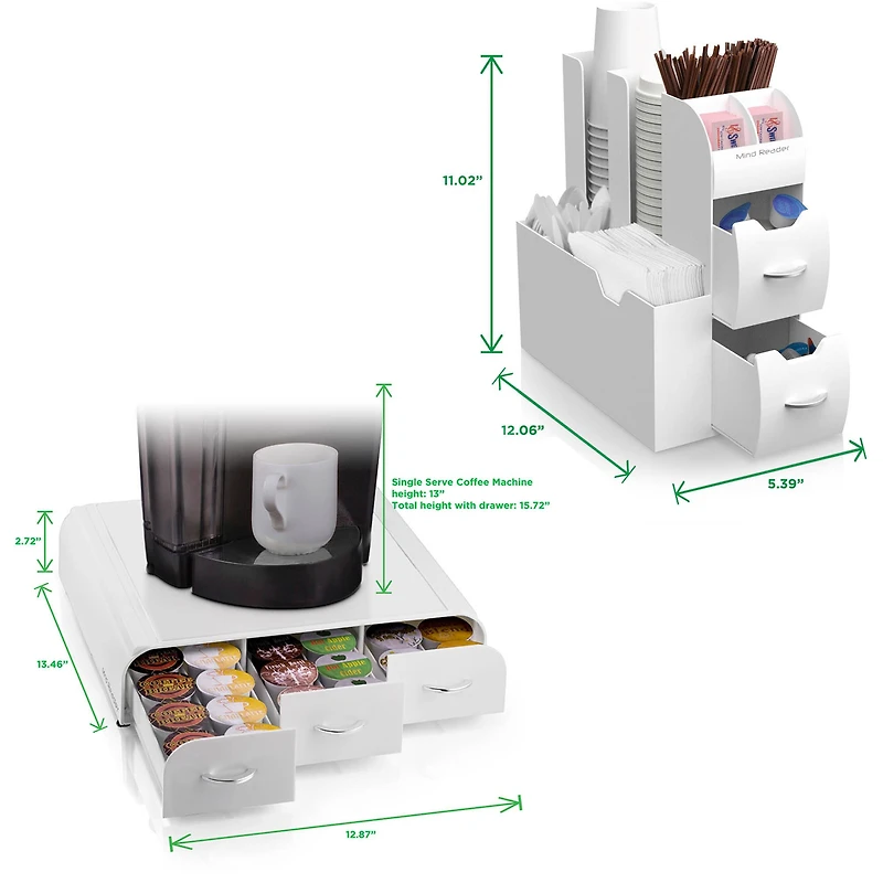 Mind Reader White 2-Piece Single Serve Coffee Pod Drawer and Condiment Organizer Caddy Station