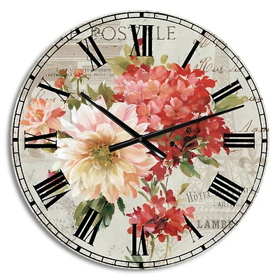 Designart Red Painted Flowers on Vintage Postcard III Farmhouse Wall Clock