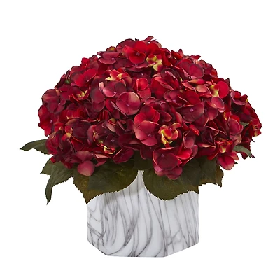 14" Red Hydrangea in Marble Finished Vase