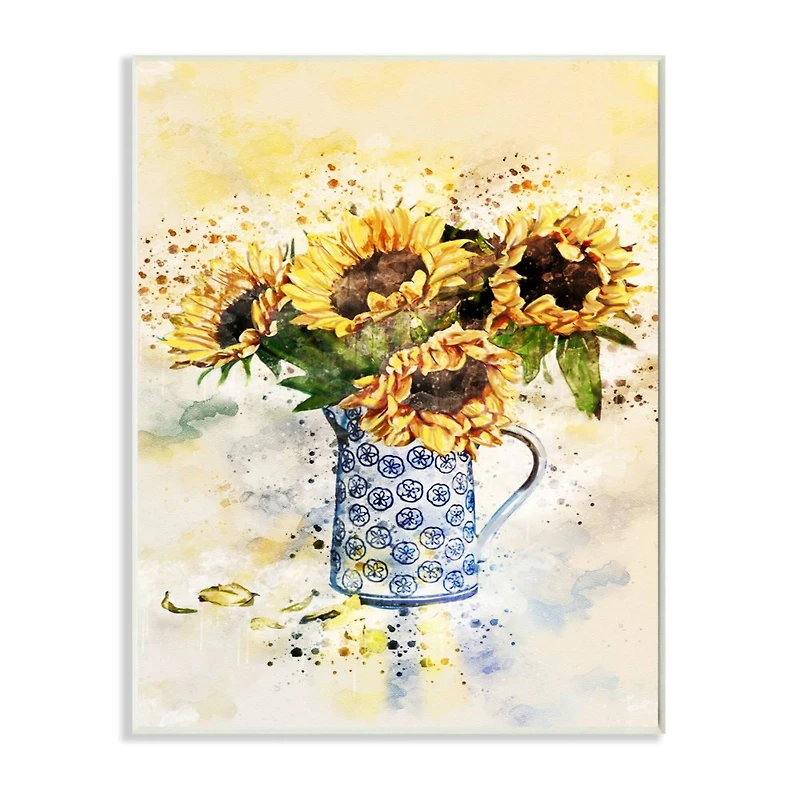 Stupell Industries Sunflower Assortment in Blue Patterned Pitcher Wood Wall Plaque