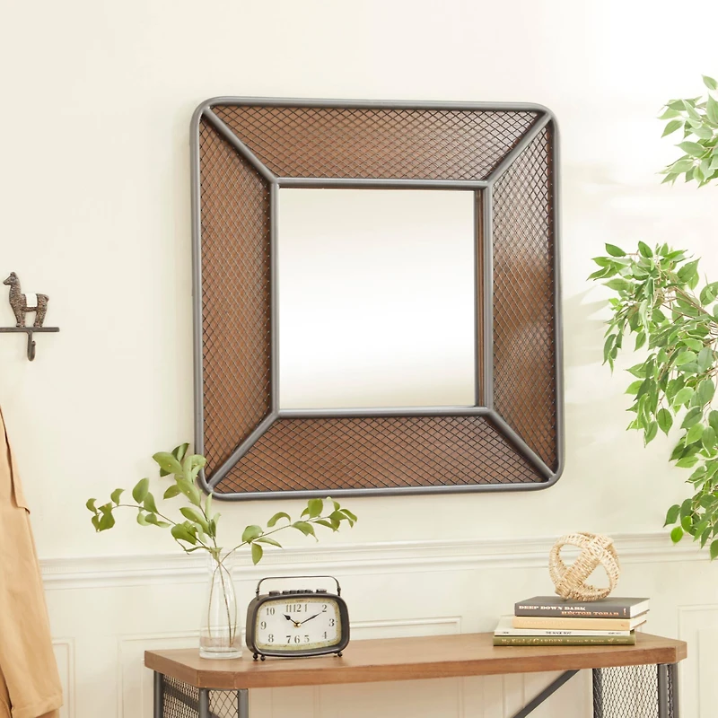 Brown Wood Industrial Wall Mirror, 32" x 32" x 2"