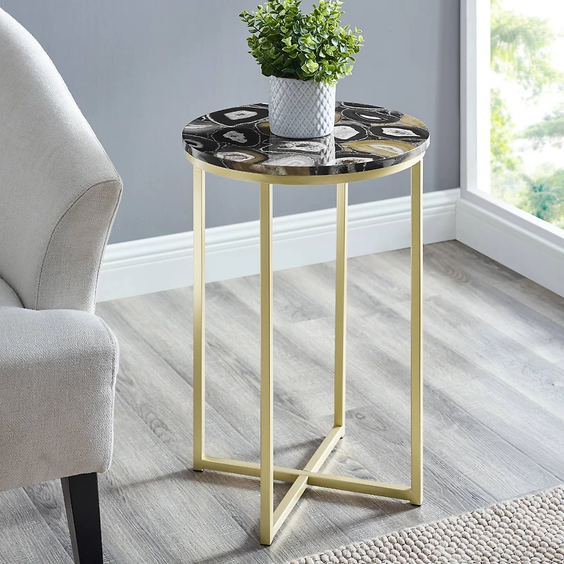 Walker Edison 16" Faux Stone Round Glam Side Table
