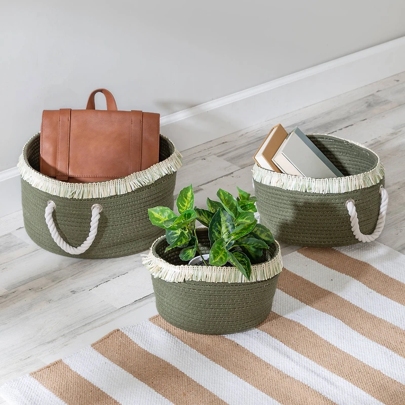 Honey Can Do Olive Nesting Cotton Rope Baskets with Fringe Set