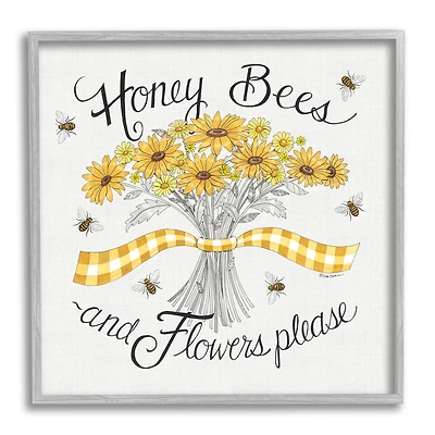 Stupell Industries Honey Bees Flowers Please Phrase Vintage Yellow Daisies Framed Wall Art