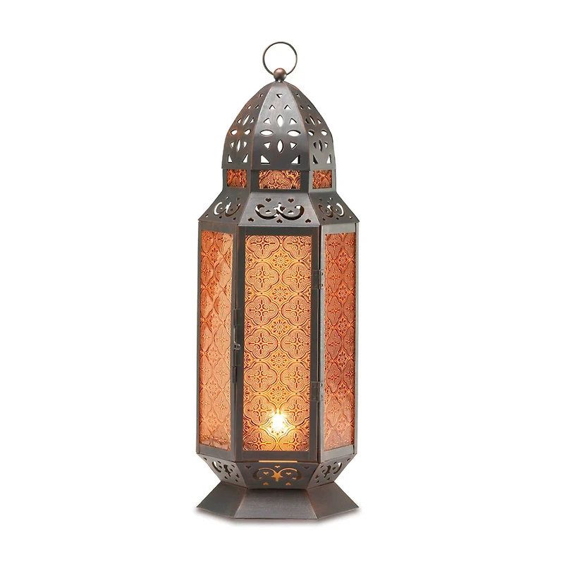 19" Brown Moroccan-Style Etched Glass Candle Lantern
