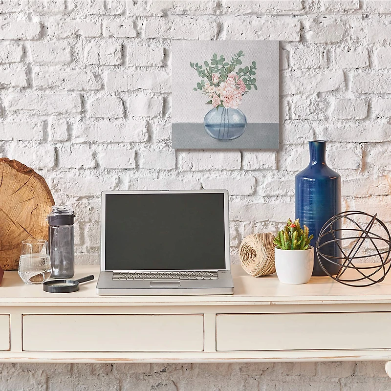 Stupell Industries Pink Rose Bouquet in Soft Blue Vase Canvas Wall Art