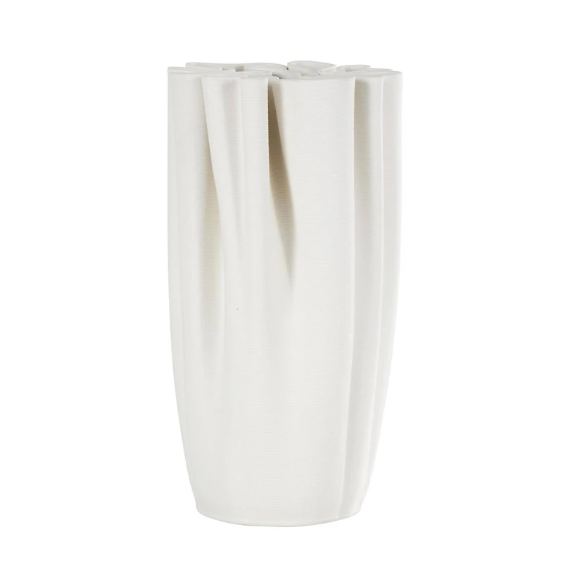 White Ceramic Abstract Ribbed Dimensional Folded Vase with Compact Wavy Rim