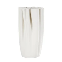 White Ceramic Abstract Ribbed Dimensional Folded Vase with Compact Wavy Rim