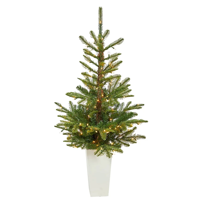 4.5ft. Pre-Lit Layered Washington Spruce Artificial Christmas Tree In White Planter, Clear LED Lights