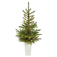 4.5ft. Pre-Lit Layered Washington Spruce Artificial Christmas Tree In White Planter, Clear LED Lights