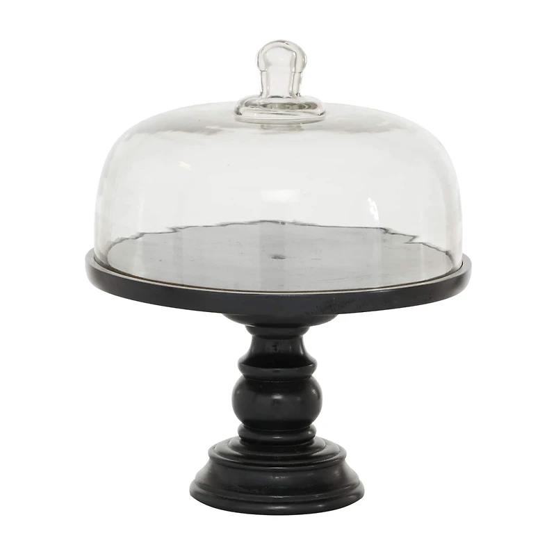 Black Wood and Glass Farmhouse Cake Stand with Cloche, 14" x 12" x 12"