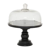 Black Wood and Glass Farmhouse Cake Stand with Cloche, 14" x 12" x 12"