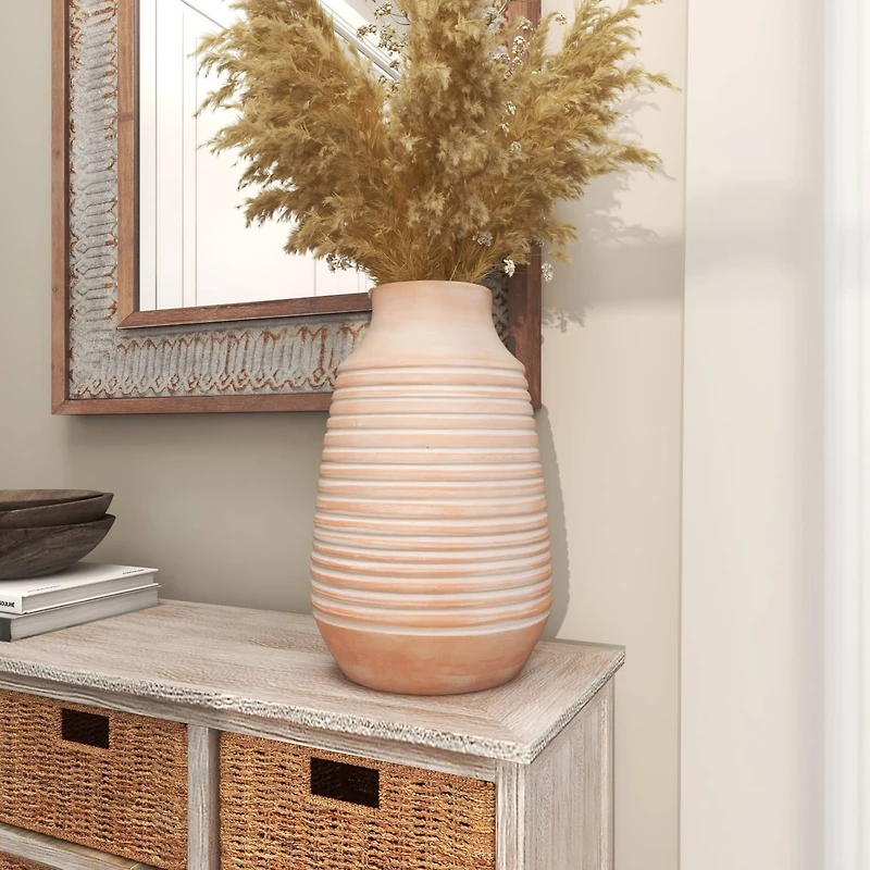 15" Pink Whitewashed Ribbed Terra Cotta Vase