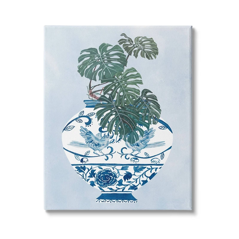 Stupell Industries Monstera Palm Plant Ornate Blue Bird Vase Scene Canvas Wall Art