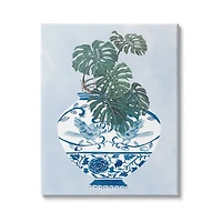 Stupell Industries Monstera Palm Plant Ornate Blue Bird Vase Scene Canvas Wall Art