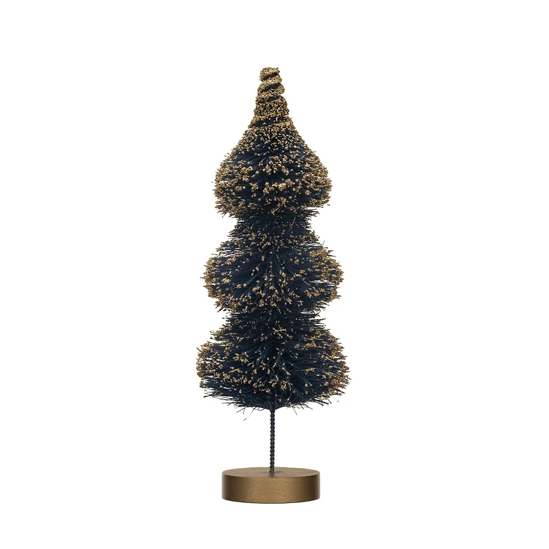 Hello Honey® 11" Blue Sisal Bottle Brush Tree with Gold Glitter & Wood Base