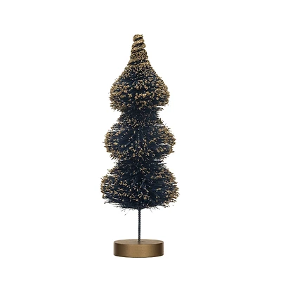 Hello Honey® 11" Blue Sisal Bottle Brush Tree with Gold Glitter & Wood Base