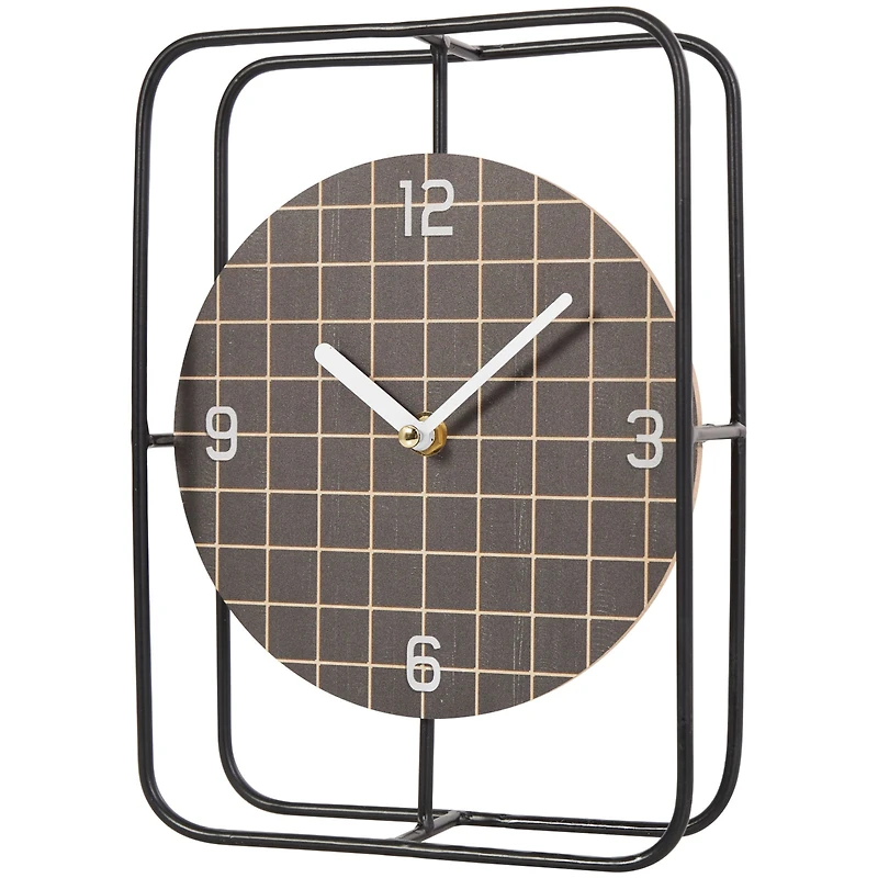 10" Black Metal Geometric Open Frame Clock with Grid Patterned Clockface
