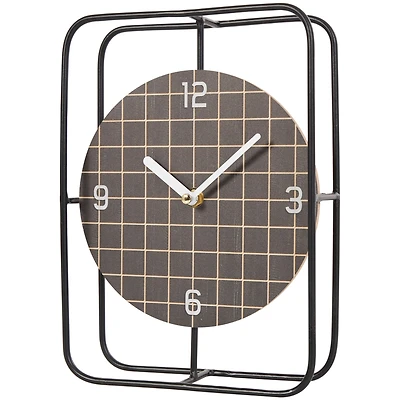 10" Black Metal Geometric Open Frame Clock with Grid Patterned Clockface