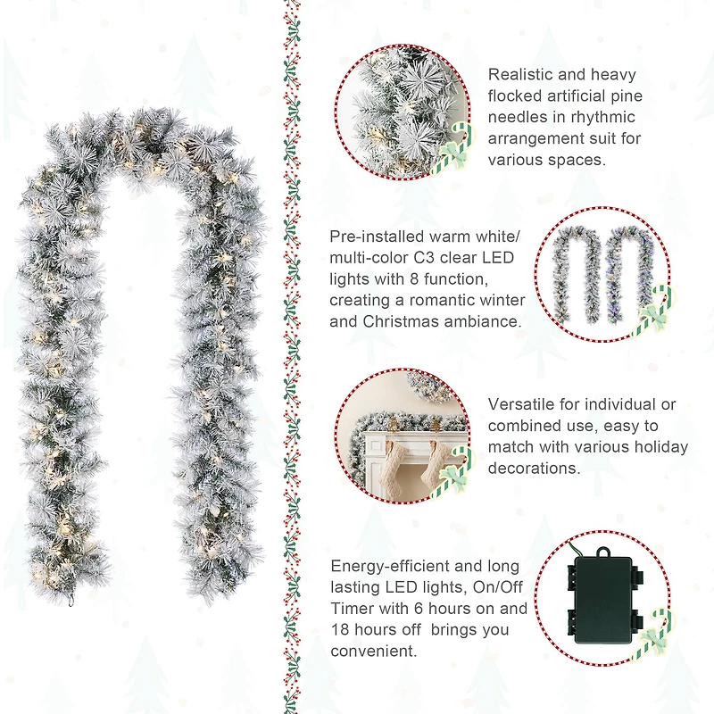 Glitzhome® 9ft Pre-Lit Snow Flocked Greenery Pine Christmas Garland with Timer