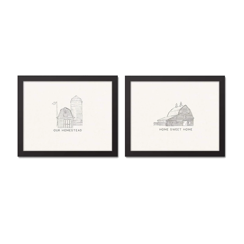 Farmhouse Sketches 11" x 14" Black Framed Canvas - Set of 2
