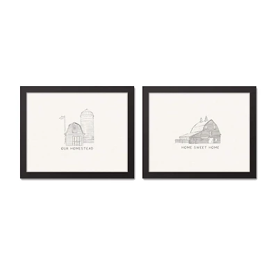 Farmhouse Sketches 11" x 14" Black Framed Canvas - Set of 2