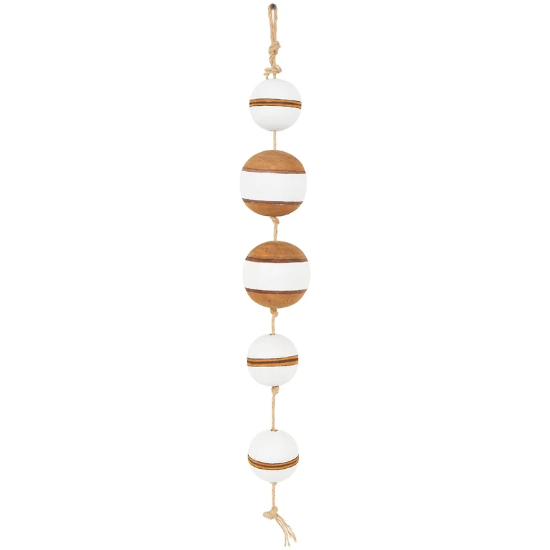 Brown Wood Buoy Two-Toned Striped Hanging Home Wall Décor with White Accents and Jute Rope
