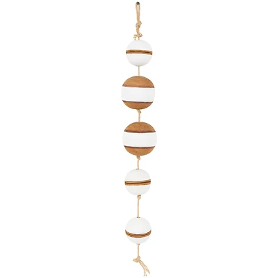 Brown Wood Buoy Two-Toned Striped Hanging Home Wall Décor with White Accents and Jute Rope