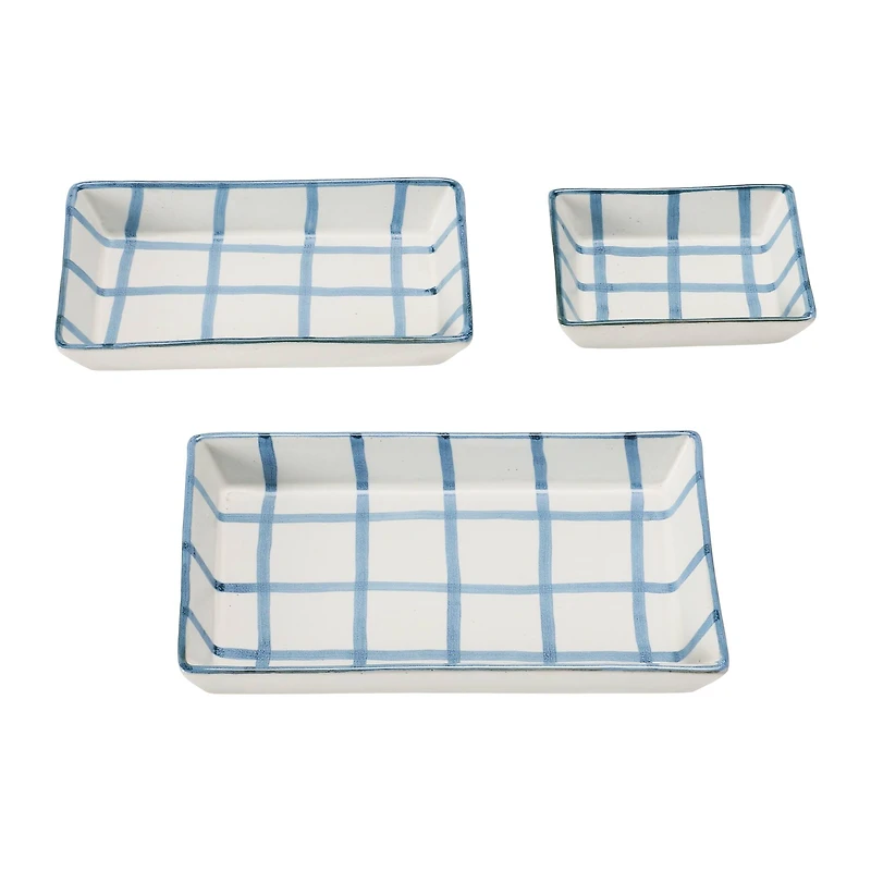 Hello Honey® Blue & White Grid Pattern Stoneware Trays Set
