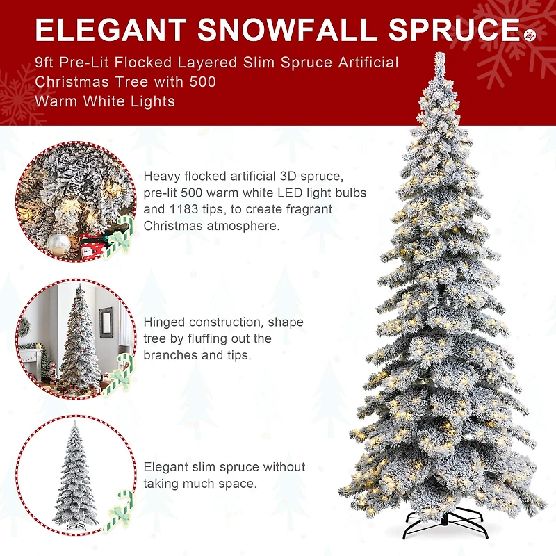 9ft. Pre-Lit Flocked Layered Spruce Artificial Christmas Tree, Warm White LED Lights