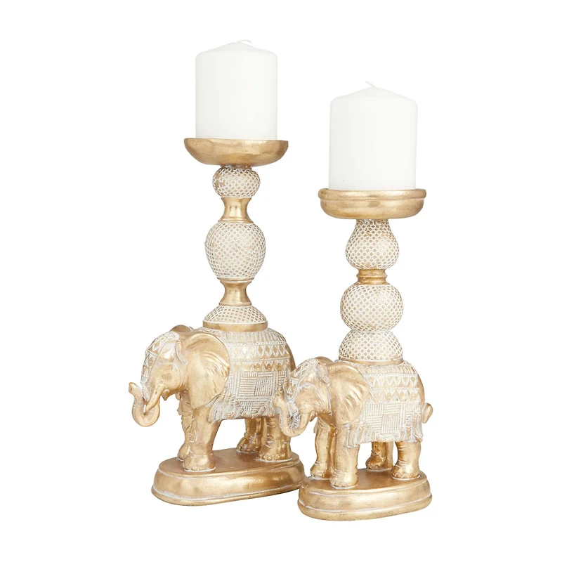 Set of 2 Gold Polystone Traditional Candle Holders, 13" x 6" x 4"