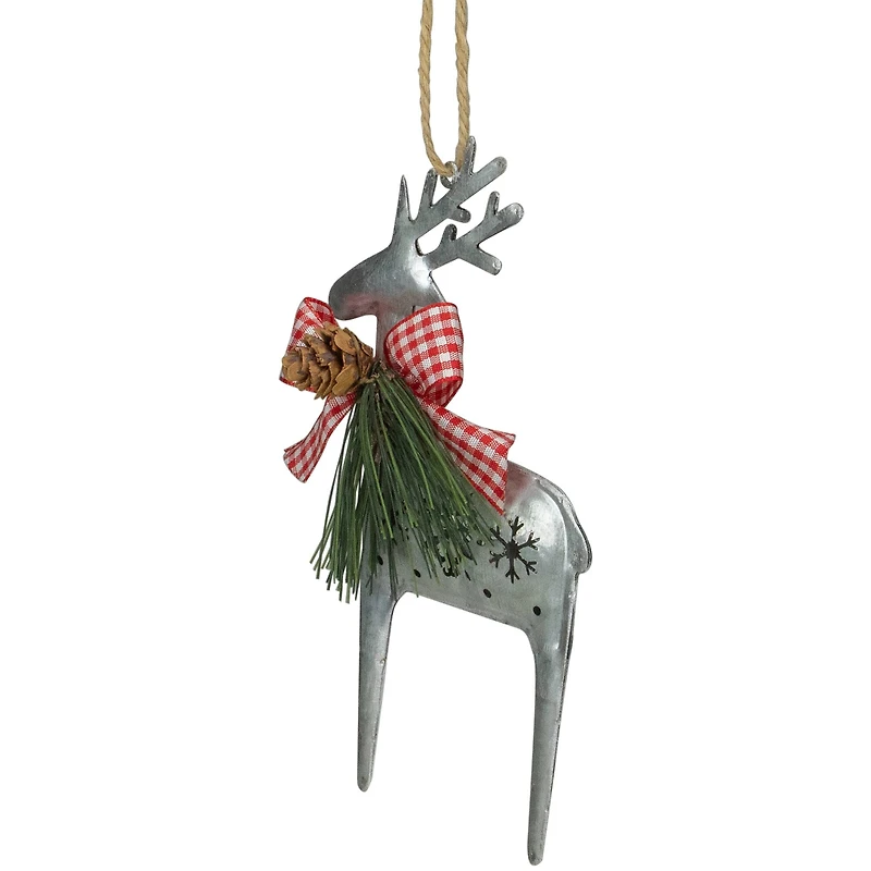 6.25" Silver Metal Reindeer Christmas Ornament With Gingham Bowtie & Pine