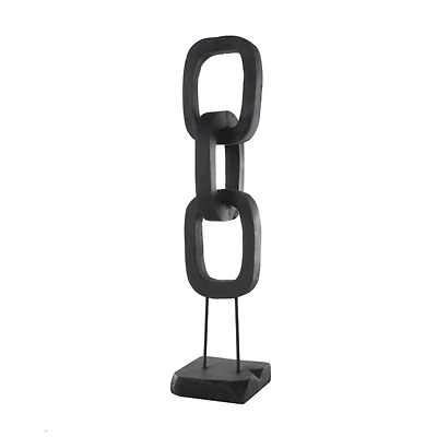 32" Black Teak Wood 3-Link Chain Sculpture with Stand