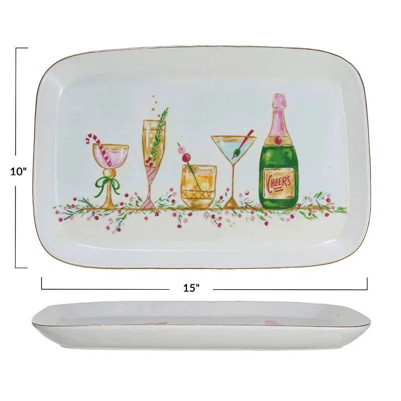 Hello Honey® 15" Stoneware Platter with Holiday Cocktails & Gold Electroplating