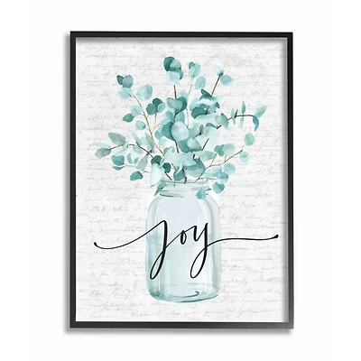 Stupell Industries Aqua Blue Plant Leaves In Joy Jar Framed Wall Art