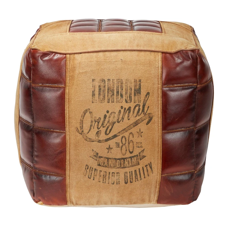 Brown Canvas and Leather Rustic Pouf, 17" x 20" x 20"