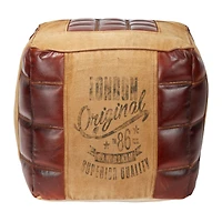 Brown Canvas and Leather Rustic Pouf, 17" x 20" x 20"