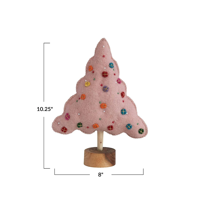 Hello Honey® 10.25" Pink Beaded Handmade Wool Felt Tree with Wood Base
