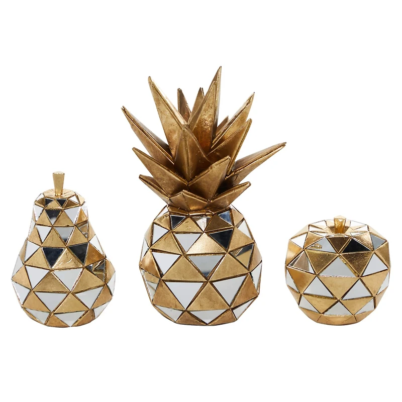 Set of 3 Gold Polystone Glam Fruit Sculpture, 4.5", 6.25", 10.5"