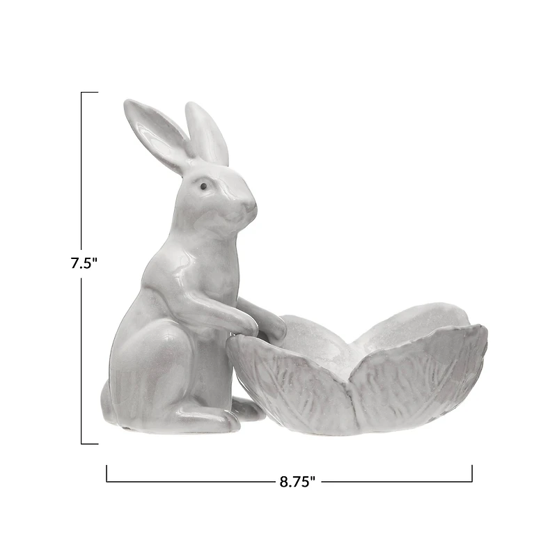 Hello Honey® 8" White Stoneware Rabbit Figurine with Flower Shaped Bowl