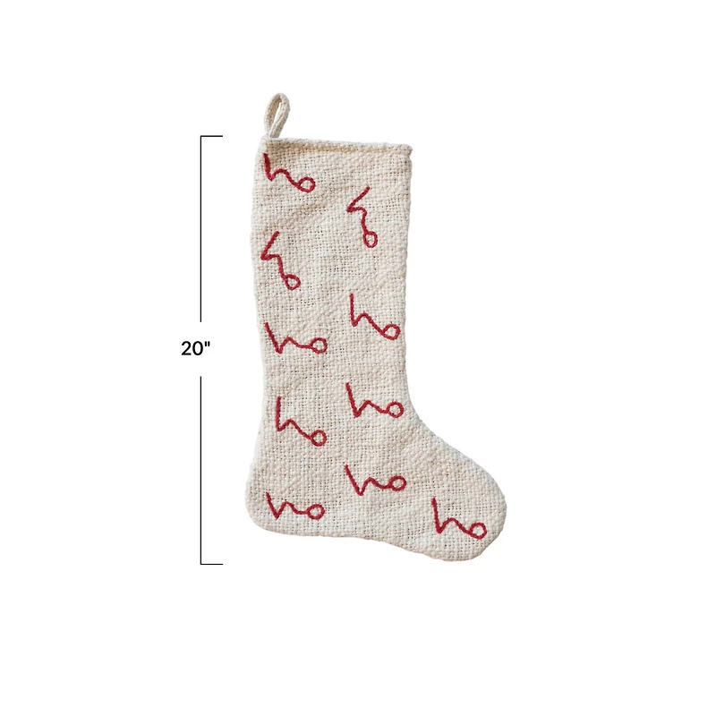 Hello Honey® 20" Natural White & Red Woven Cotton Stocking with Embroidered Ho Ho Ho Pattern
