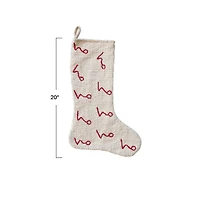 Hello Honey® 20" Natural White & Red Woven Cotton Stocking with Embroidered Ho Ho Ho Pattern