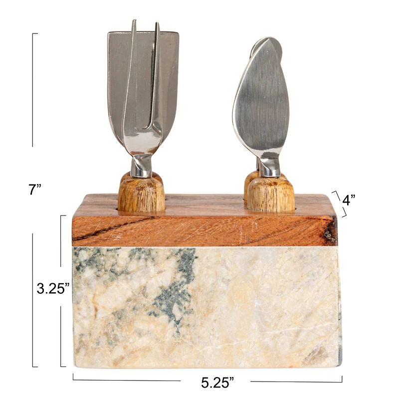 Hello Honey Black Marble Cheese Server Set with Mango Wood Stand