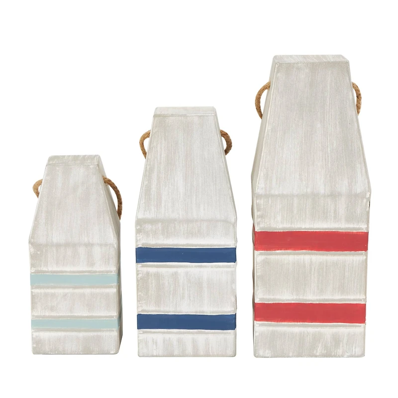 White Metal Striped Buoy Sculpture with Rope Handles Set