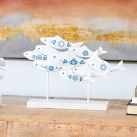 14.75" White & Blue Floral Polystone Fish Sculpture