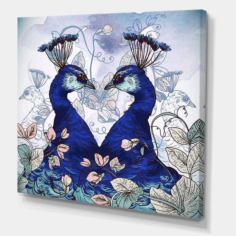 Designart - Two Blue Peacocks With Wildflowers